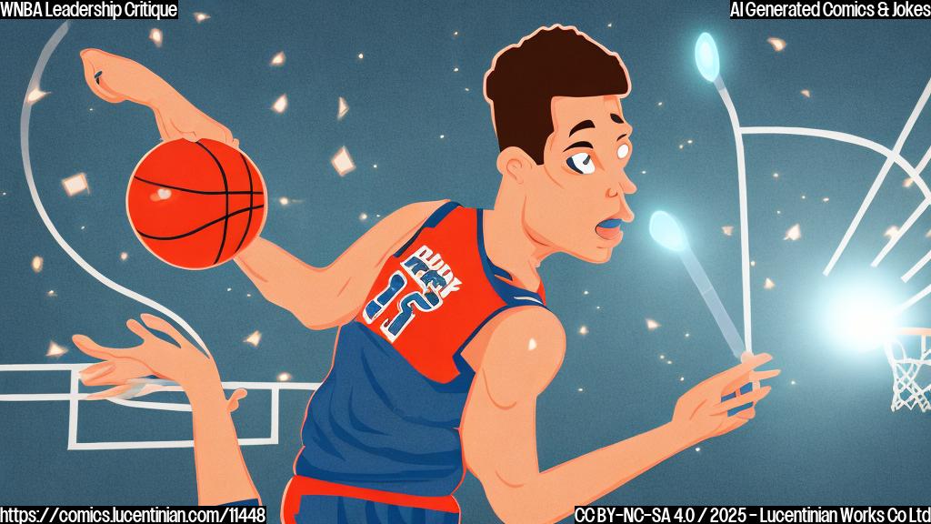 A cartoon image of a basketball player with a determined expression holding a large flashlight and shining it towards a generic office building. The building has a sign that vaguely suggests it's a league headquarters. The color palette is bright and simple.