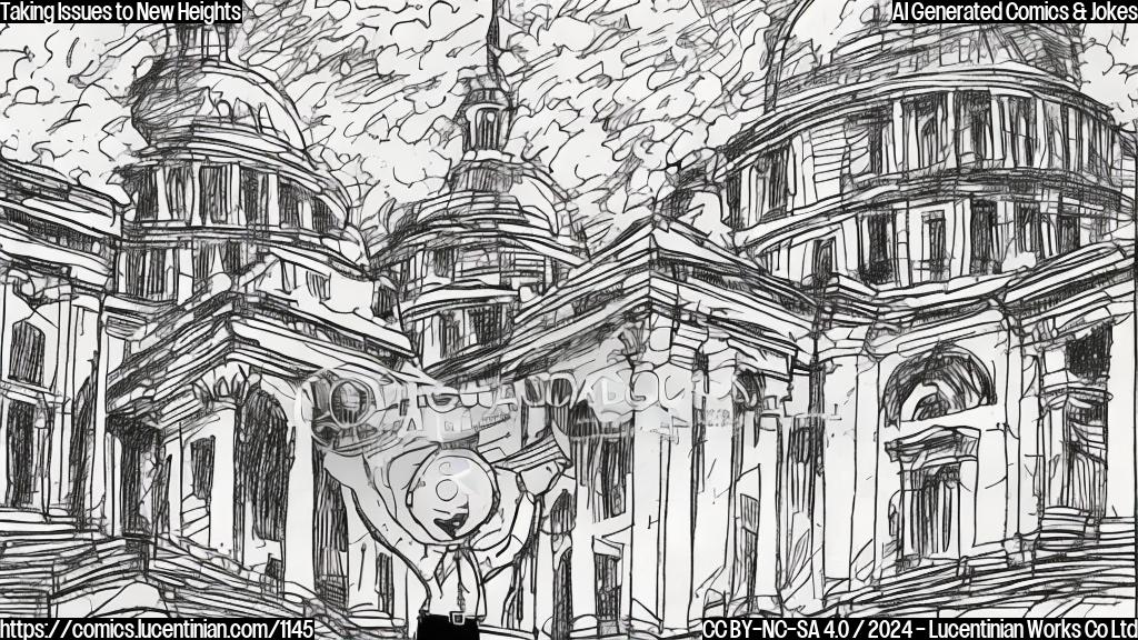 Draw a simple cartoon of a person holding a small American flag in one hand and a large stack of papers in the other, with a staircase leading up to the top of the Capitol Building in the background.