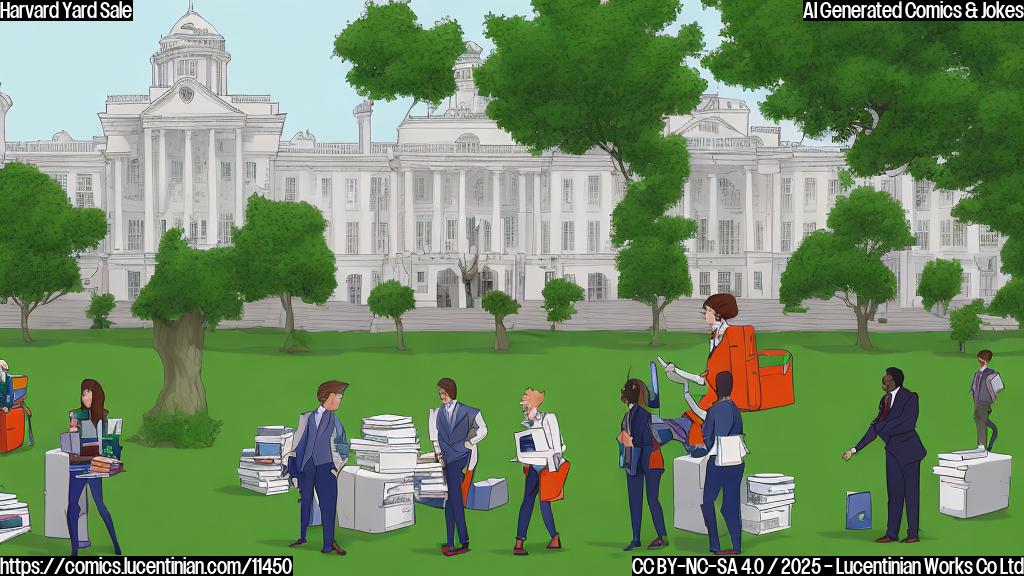 Cartoon style image. A large, white building resembling a government building is awkwardly placed in the middle of a grassy, tree-lined campus, resembling a prestigious university. Students with books look confused as people in suits rummage through piles of items like old campaign signs and miniature golden toilets scattered on folding tables. A person with orange hair and a long red tie is enthusiastically haggling over the price of a used trophy. The sky is bright blue with fluffy white clouds. The whole scene is brightly colored and slightly absurd.