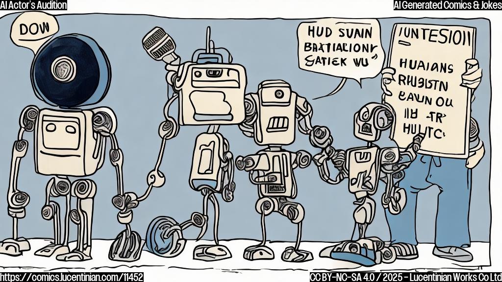 plain color cartoon style, a frowning human actor standing next to a smiling robot on a stage with a microphone, the robot holding a script, audition background