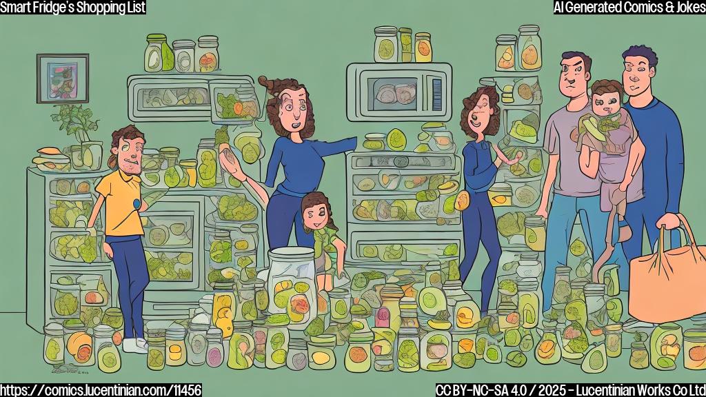 A cartoon-style drawing of a disgruntled family standing in front of an overflowing refrigerator filled with jars of pickles and bags of kale chips. The fridge has a small screen displaying trending hashtags. The style is plain color and simplified shapes.