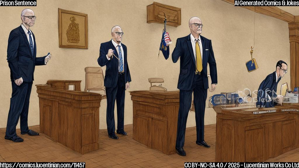A cartoon style image of a man with a gold chain wearing a suit and holding a ladder, standing in front of a judge's bench. The judge is an older man with glasses, looking stern and serious. The courtroom is decorated with crime scene tape and there are police officers in the background.