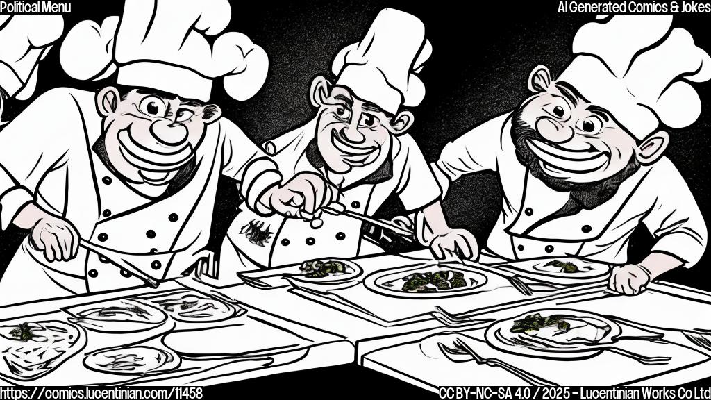 a cartoon illustration of a chef looking disappointed as he crosses out a dish labeled "Politics" on a restaurant menu. The background is a plain light yellow color.