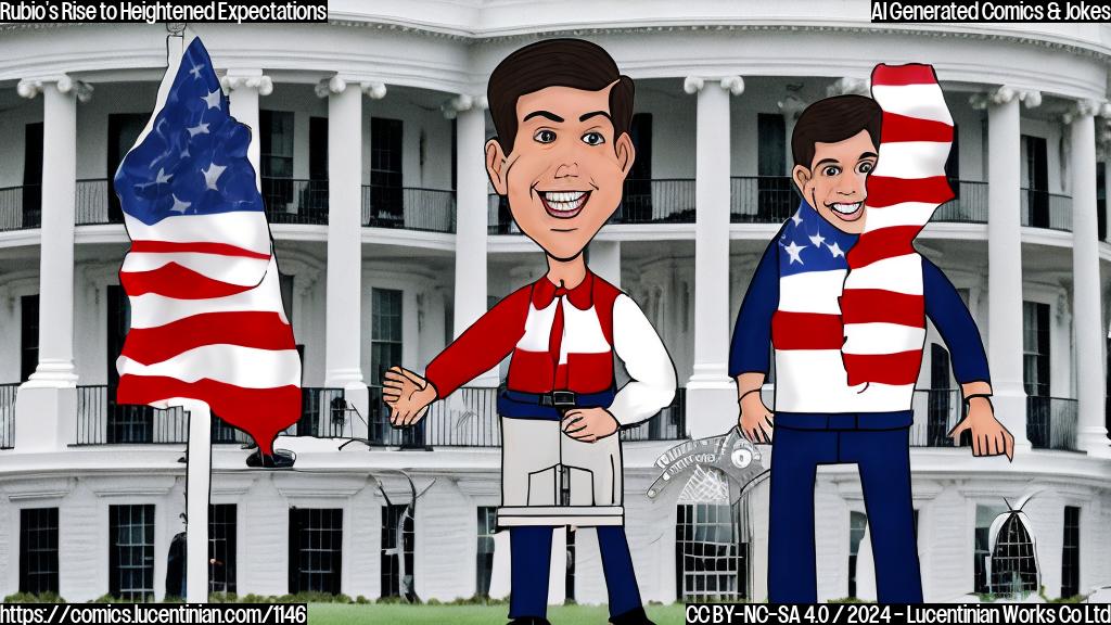 A cartoon of a person (representing Marco Rubio) holding a ladder, standing in front of the White House with a confident expression on their face. The ladder should be leaning against the side of the building, with the American flag waving above it.