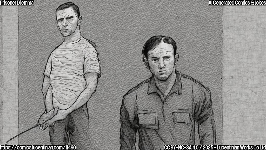 A cartoon drawing in a plain color style, depicting a sad looking man in a black and white striped prison uniform standing behind bars. He is holding a microphone and looking dejected. The background is a solid blue color.