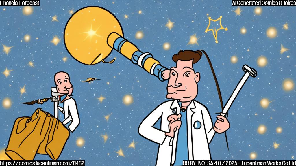 a cartoon style image of an astrologer with a telescope pointing at the sky. The astrologer is holding a giant bag with a dollar sign on it. The sky is filled with stars shaped like dollar signs. The background is a plain blue color.