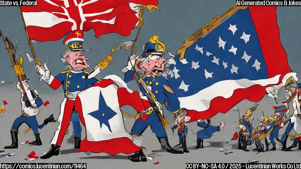 Cartoon image of a state flag waving angrily at a US flag, with toy soldiers scattered on the ground between them. The style is plain color, simple shapes.