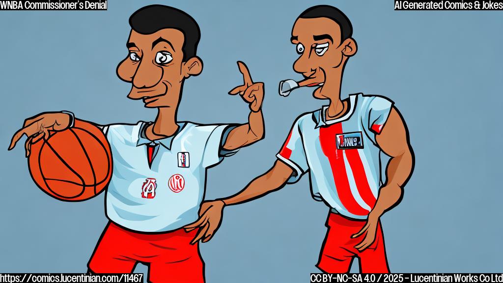 A cartoon of a basketball referee with a whistle, pointing in the opposite direction, against a plain light blue background.