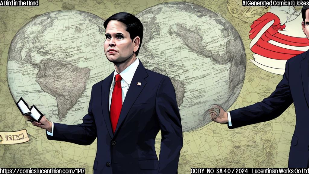 Draw a cartoon of Marco Rubio as a hawk-like bird with a briefcase, standing on a globe with an American flag in the background, wearing a suit and tie. The bird's eyes are fixed on a map with several countries marked, including China, Iran, and Cuba.