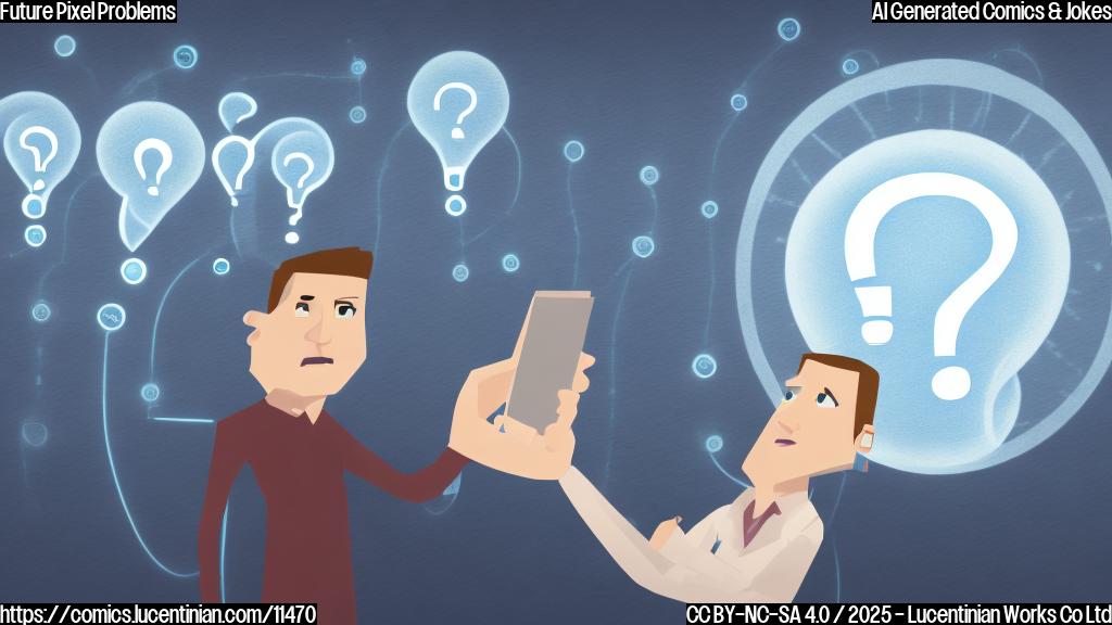 Cartoon of a worried tech analyst looking at a smartphone with a question mark hovering above it. The phone has a visible antenna icon showing weak signal strength. The background is a plain light blue color.