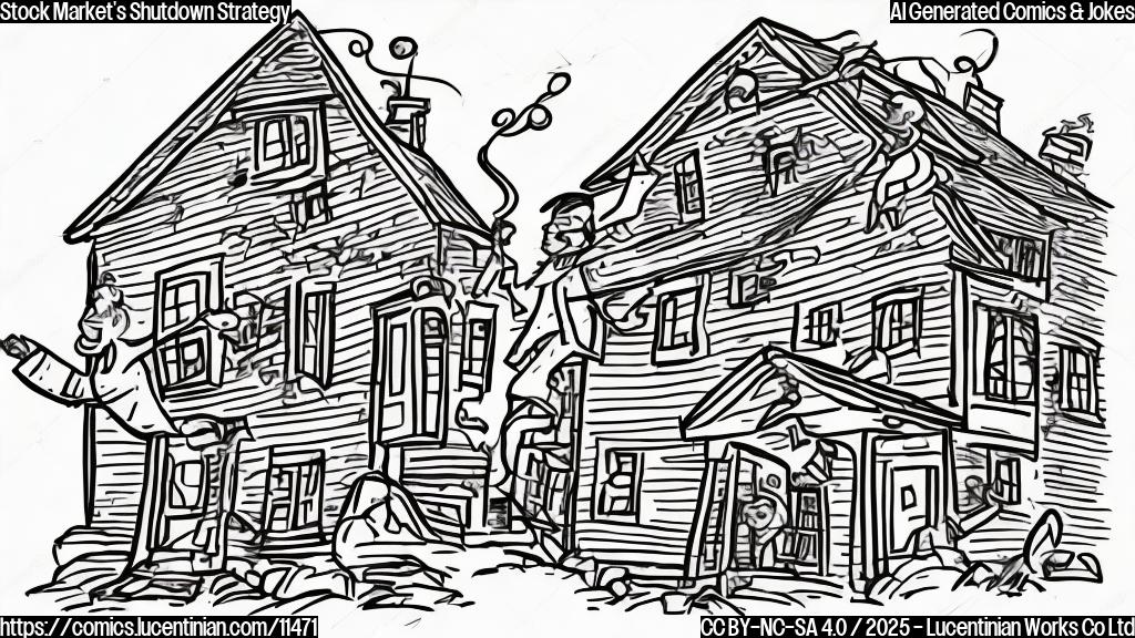 A cartoon drawing, plain color background, featuring a graph line joyfully leaping upwards past a closed government building, with a small house icon representing "working from home" next to the graph.