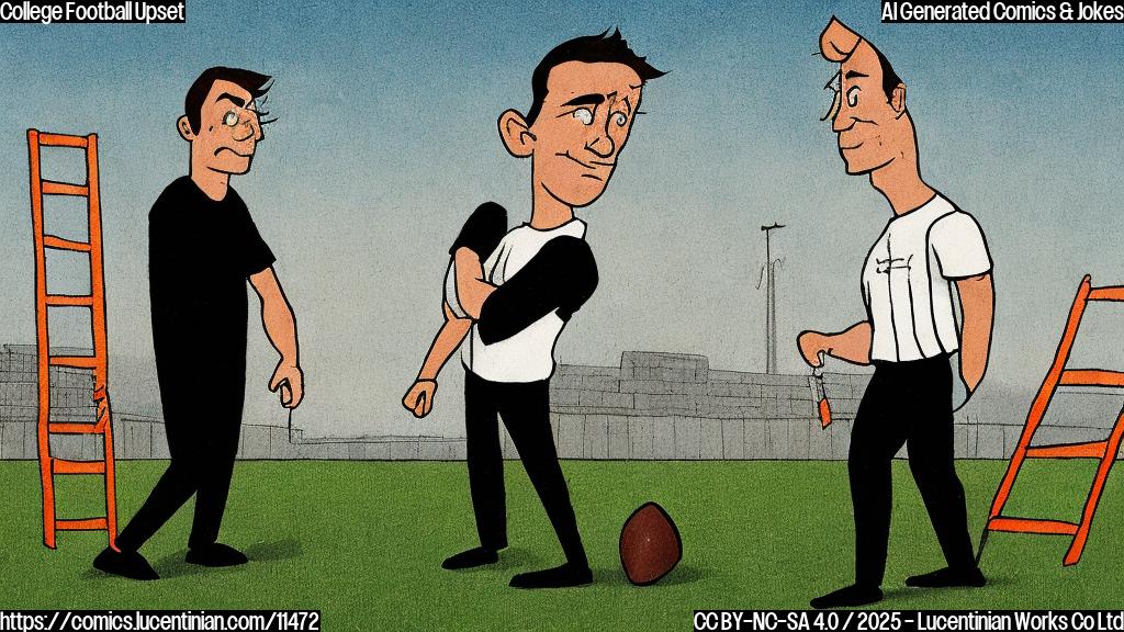 a simple, plain color cartoon of a football coach holding a ladder, looking determined, with a football field in the background.