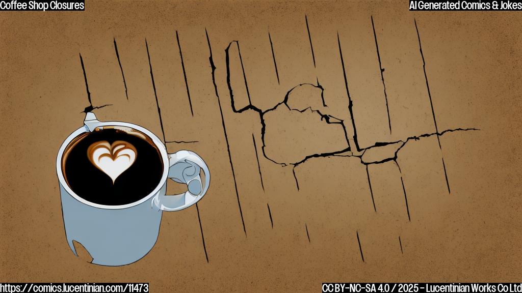 A sad-looking coffee cup with a crack down the side, sitting on a closed sign. Cartoon style, plain background.