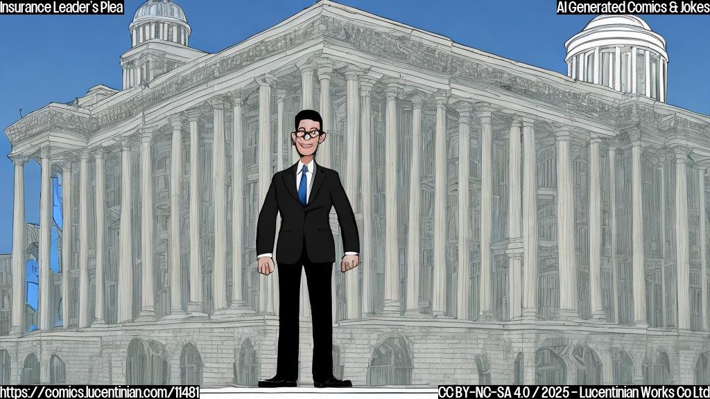 Cartoon image of a middle-aged person with short hair and glasses, wearing a suit, standing in front of a large building that looks like a capitol. The person is holding a very tall ladder that reaches towards the sky. The background is a plain blue color.