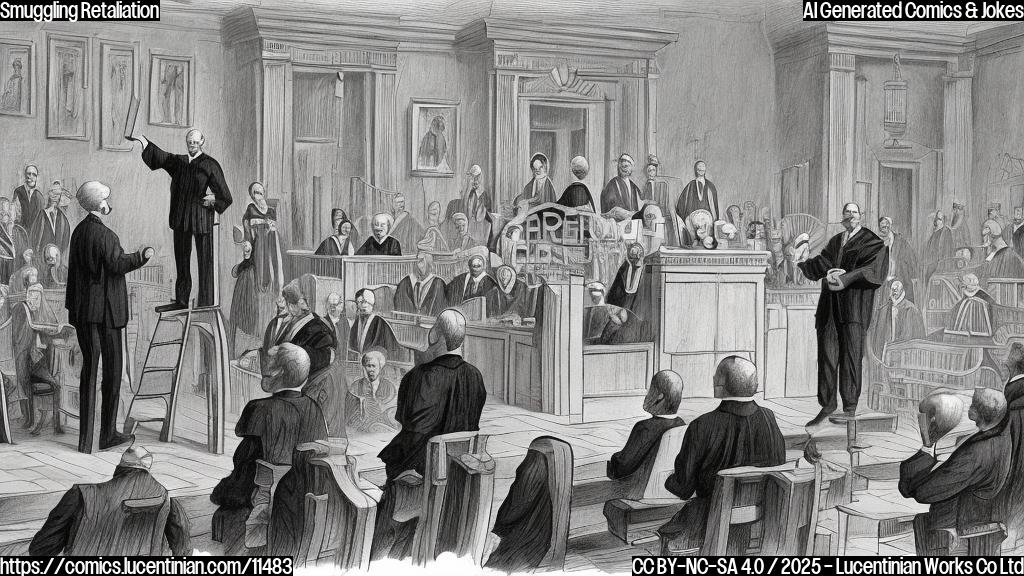 A cartoon drawing of a courtroom scene. A lawyer, dressed in a dark suit, is holding a comically oversized ladder. The judge, depicted as a stern-looking character with a gavel, is watching with a raised eyebrow. In the background, stick figures representing the jury look confused. The scene is brightly colored with a plain background.