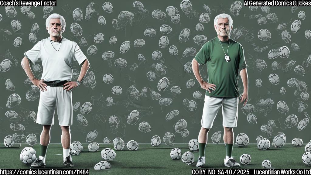 A cartoon style image of a determined football coach with gray hair and a stern look, standing on the sideline with a pile of extra football cleats next to him. The background is a plain, bright green field. The style is simple and clean with no complex details.