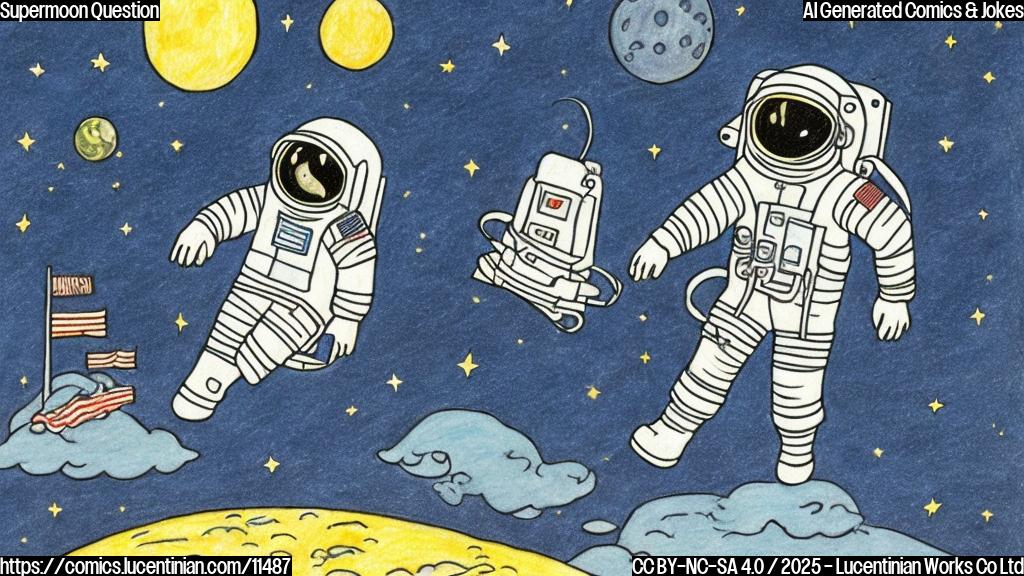 Draw a cartoon of a sad astronaut floating in space, looking at a large, bright moon in the distance. The background should be a plain blue color.