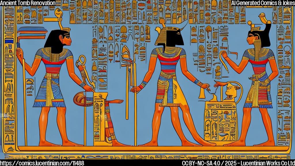 Cartoon drawing of an ancient Egyptian pharaoh with a cleaning company worker in a tomb. The pharaoh is wearing traditional royal attire and the worker is holding cleaning supplies such as a broom and a bucket. The tomb walls are decorated with hieroglyphics and are partially cleaned, with visible differences between the cleaned and uncleaned sections. The style is simple and colorful, resembling a children's book illustration.