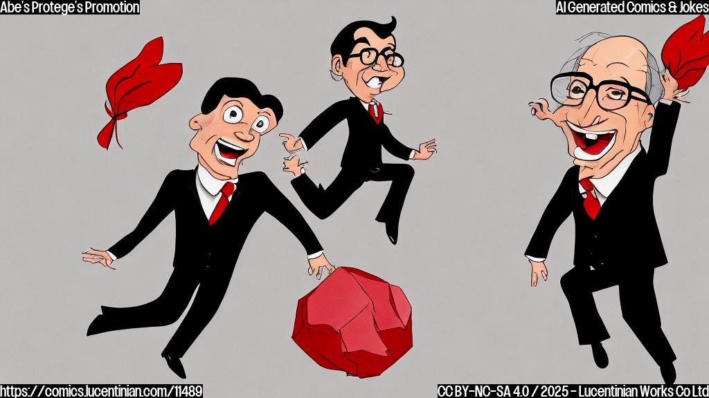 Cartoon image of a delighted old man with black hair, wearing a dark suit and a red tie, jumping for joy with a miniature version of a confident woman with short dark hair and glasses, wearing a business suit, sitting on his shoulder. The background is a plain light blue color.