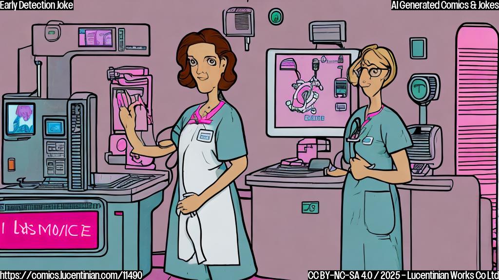 Plain color cartoon of a surprised looking woman in her late 30s, wearing a hospital gown, standing in front of a pink mammogram machine. The machine has a banner that reads "Surprise!".