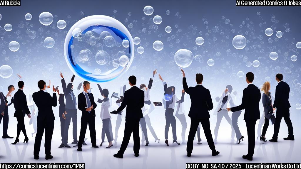 A cartoon style image showing a group of business people in suits at a conference. One of them is holding a large needle and pointing it towards a giant bubble labeled "AI". The bubble is filled with smaller icons representing various technology concepts. The background is a plain light blue.