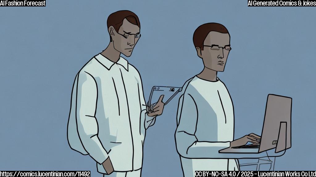 A minimalist cartoon of a sad looking human fashion designer standing next to a computer with a disappointed face on its screen. Both are standing on a white background with light blue shadows. The overall color palette is pastel.