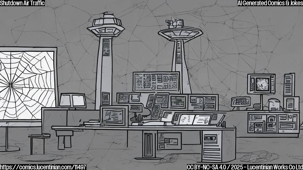 A cartoon drawing of an empty air traffic control tower with cobwebs and a sad-looking desk. The overall color is a muted gray.