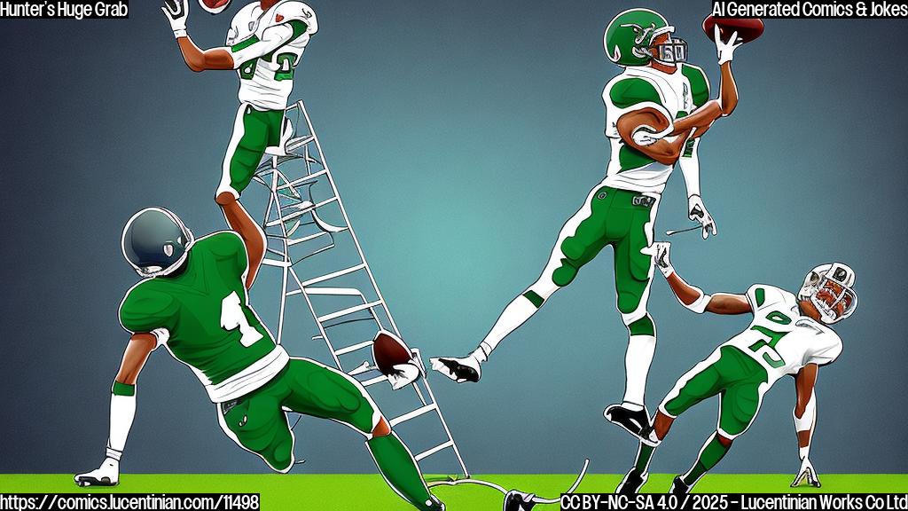 A cartoon drawing of a football player wearing a jaguar themed uniform using a very tall ladder to catch a football in the air during a game. The background is a green football field with blurred stadium lights. The style is plain color cartoon.