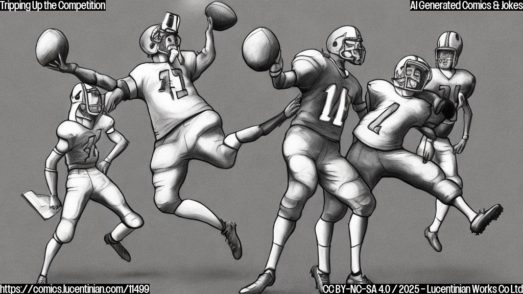 Draw a plain color cartoon style picture of a person, wearing a football jersey and holding a football, with one leg slightly raised in mid-air as if they have tripped, while standing next to a goalpost. The player's other leg is bent forward as they try to regain balance.