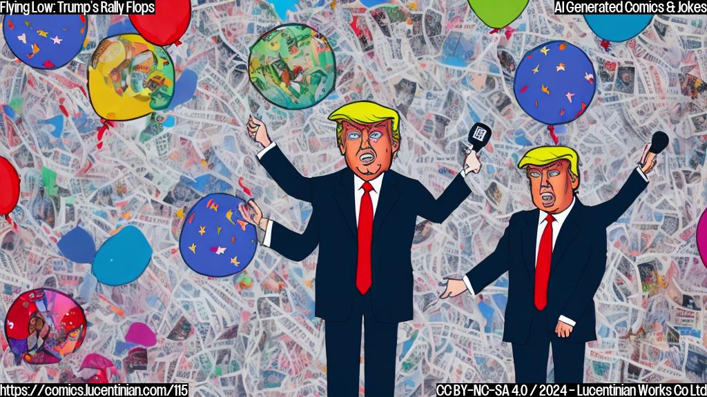 Draw a cartoon of a person (Donald Trump) standing on stage, with a microphone in hand. The person is surrounded by confetti and balloons, but they're all deflated and limp. In the background, there's a large map of Juneau, with a red "X" marked through it. The person's face is scrunched up in disappointment, with a few wisps of hair sticking out from under their hat.