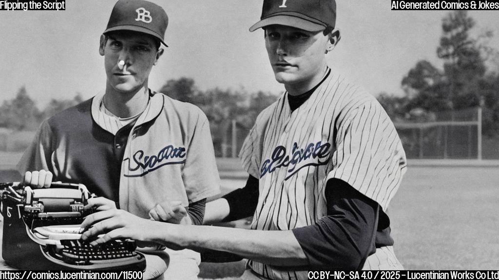 A cartoon-style image of a baseball player holding a typewriter on a baseball field, with a puzzled expression. The background is a plain, light blue color.