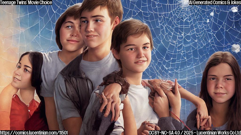 A plain color cartoon style picture showing two teenagers with slightly annoyed expressions standing in front of a movie poster featuring a spiderweb. The poster has a faint title on it, but it's mostly obscured. Their mom is smiling broadly behind them, gesturing enthusiastically towards the poster. The background is a simple red carpet scene.