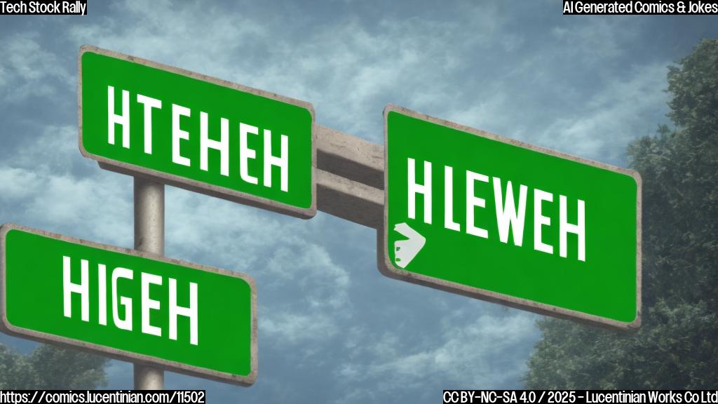 A plain color cartoon style picture depicting a green bar, representing a tech stock, hopping across a road towards a sign that reads "Higher Valuation". The background should be a simple blue sky.