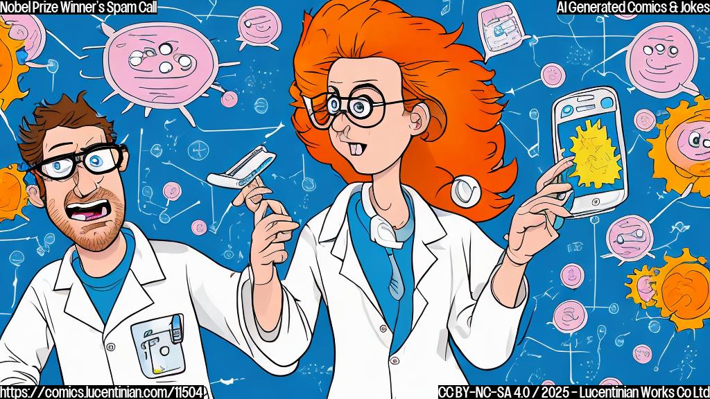 A surprised looking cartoon scientist with crazy hair, holding a phone to their ear with a confused expression. In the background, a cartoon thought bubble shows a generic, spam-like message about an extended car warranty. The overall style should be simple, colorful, and cartoonish.