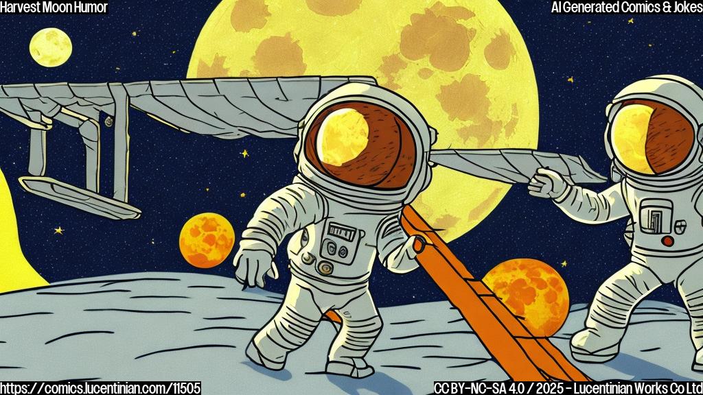 Plain color cartoon style. A small astronaut with a white spacesuit and a glass helmet holding a comically long ladder reaching towards a giant, bright yellow harvest moon in a dark blue sky. A small passenger plane flies nearby.