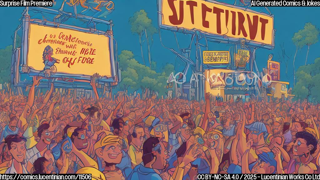 A cartoon style image of a film festival attendee in a crowd, holding a comically oversized ladder, with a movie theater marquee in the background showing the title "Marty Supreme" in simple, plain lettering. The color palette is bright and cheerful, with a plain background.