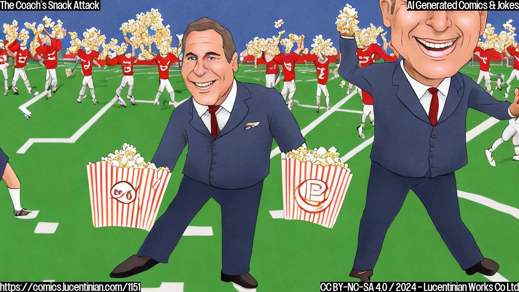 A cartoon-style image of a football coach holding a bag of popcorn with a big smile on his face, surrounded by cheering football players and a green field with white yard lines.