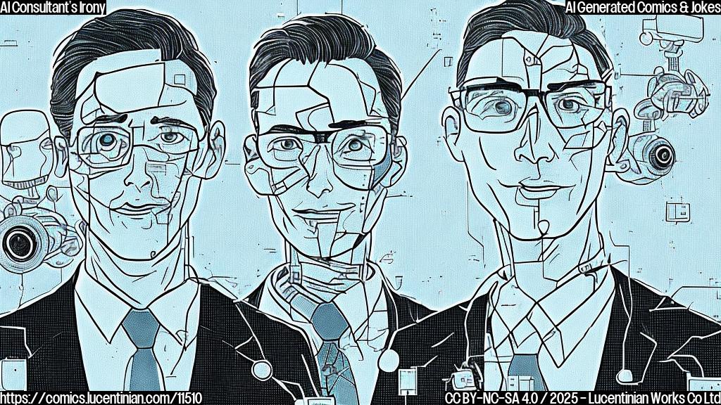 Plain color cartoon style. A consultant, depicted as a business person in a dark suit, looking embarrassed. They have sweat drops on their forehead. Behind them, a glitching AI robot emitting distorted data streams. The background is a light blue.