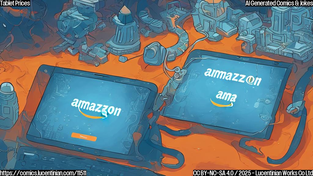 Cartoon of an old, outdated tablet sweating profusely while jogging alongside sleek, modern tablets with price tags attached. The background shows a stylized cityscape with "Amazon" subtly hinted at by orange and blue color scheme.