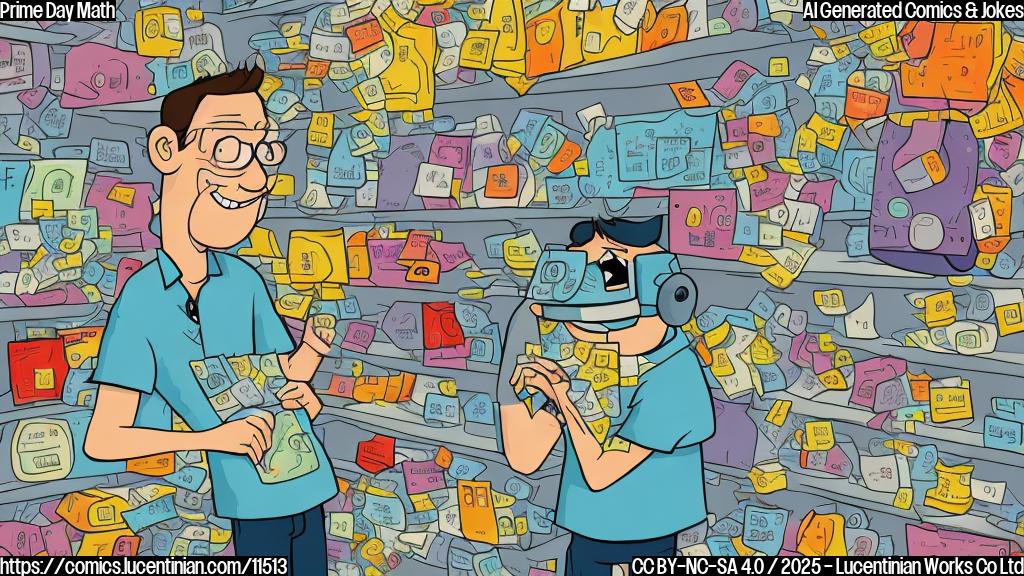 A confused cartoon shopper surrounded by price tags and discount signs, scratching their head with a calculator in hand, all in a simple, flat color style.