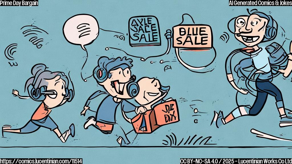 A cartoon style drawing with a plain light blue background, featuring a pair of generic wireless earbuds excitedly running towards a large sign that says "Prime Day Sale! Under $25!"