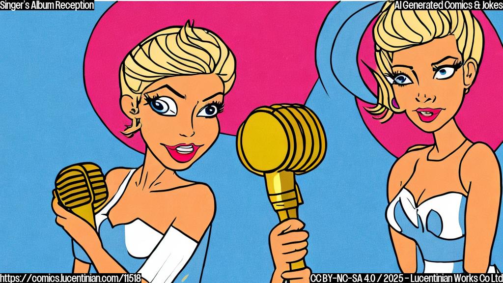A cartoon drawing of a blonde female pop star with a microphone, wearing a sparkling dress and standing on a mountain of gold records. She's shrugging with a nonchalant expression. The background is a simple plain light blue. Cartoon style.