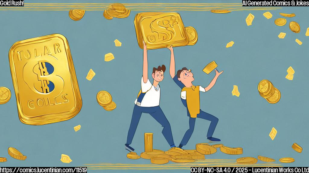 Cartoon image of a person struggling to carry a comically large gold bar, with dollar signs in their eyes, up a very tall ladder towards a glowing pile of gold coins. The background is a simple, plain light blue. The style is clean and minimalist, resembling a children's book illustration.