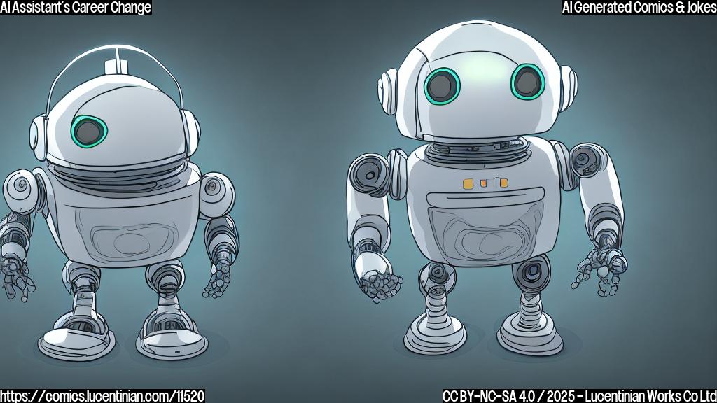 Plain color cartoon of a sad-looking, rounded robot with a screen face displaying a downturned mouth. It's walking away from a gray building with a stylized computer chip logo above the entrance.