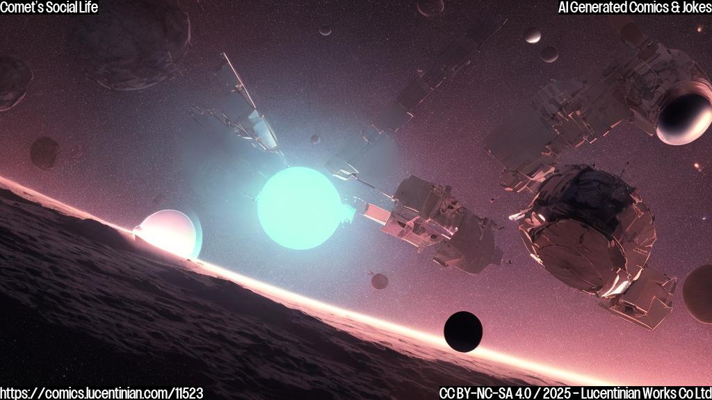 A plain color cartoon style picture of a sad-looking interstellar comet with a glowing coma but no tail floating away from a small Mars orbiter spacecraft looking dejected. The background is a dark purple space with twinkling stars.