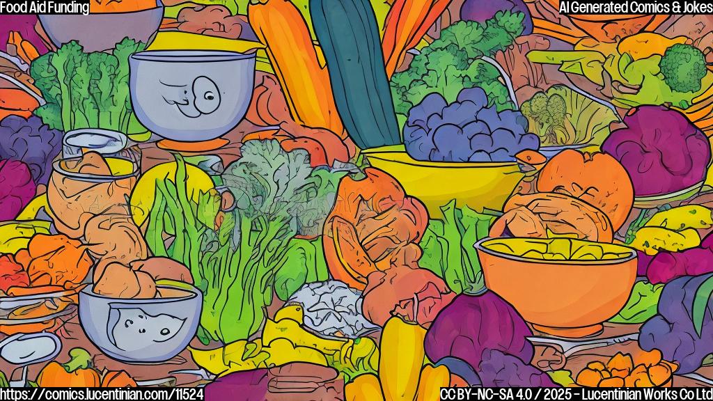 A cartoon-style illustration with a light yellow background. A bowl of colorful vegetables is doing a yoga pose. A worried-looking dollar bill is next to the bowl, stretching thin.