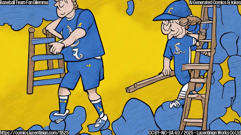 Cartoon style, plain yellow background, a man with a blue cap and jersey carrying a large wooden ladder, looking up towards a stadium that is slightly out of frame.