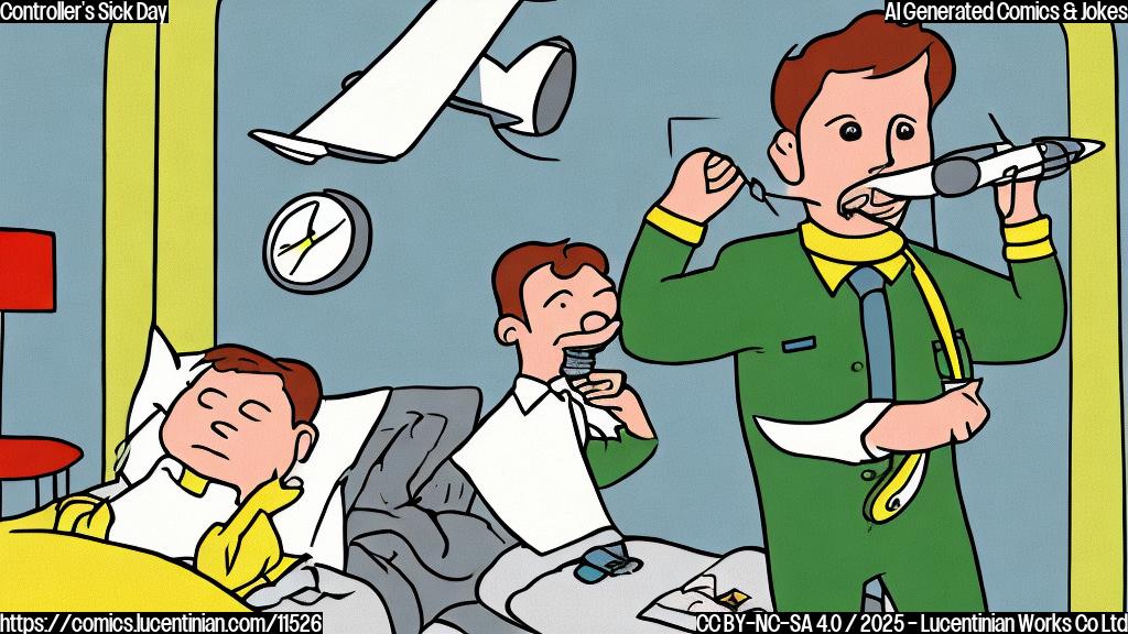 Plain color cartoon of a green colored air traffic controller character lying in bed, thermometer in mouth, looking unhappy. A yellow colored airplane character flies past his window.
