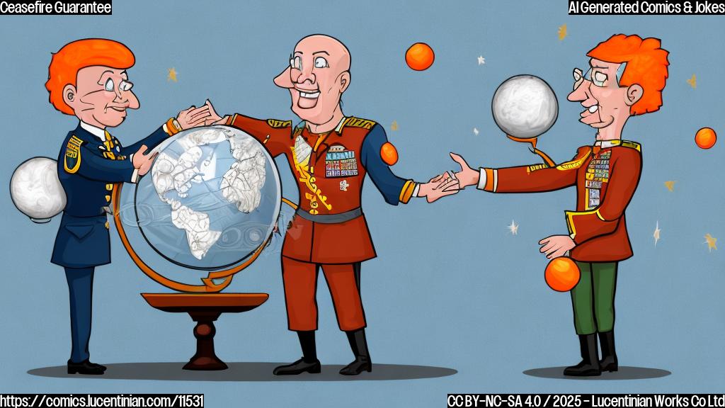 Cartoon illustration. A businessman with a distinctive orange hairstyle shaking hands with a military general in uniform, both standing on top of a globe. The globe is cracked and a bandage is wrapped around it. The background is a plain light blue.
