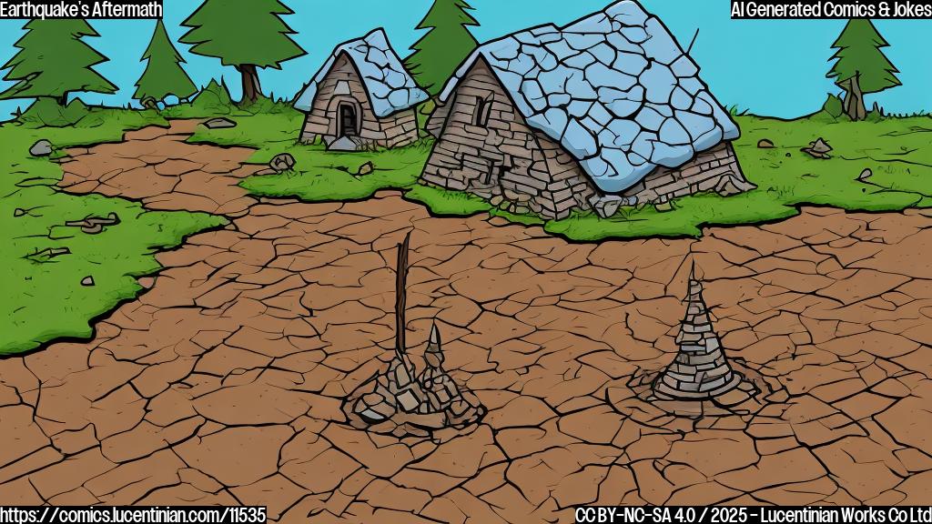 Cartoon style image of a plain color background with a slightly cracked ground. A small, worried stick figure stands near a toppled-over stick figure house. The ground is visibly uneven, with a single, exaggerated crack running across it.